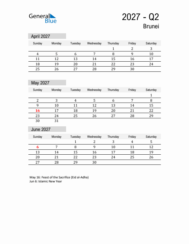 Brunei Quarter 2 2027 Calendar with Holidays