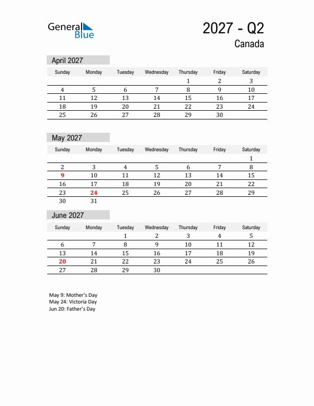 Canada Quarter 2 2027 Calendar with Holidays