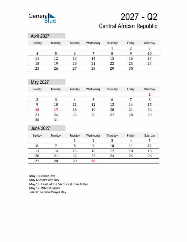 Central African Republic Quarter 2 2027 Calendar with Holidays