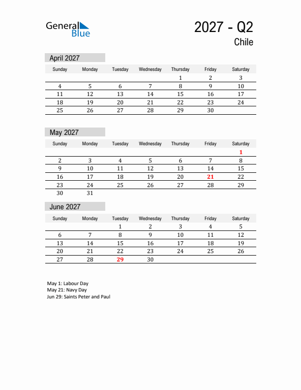 Chile Quarter 2 2027 Calendar with Holidays