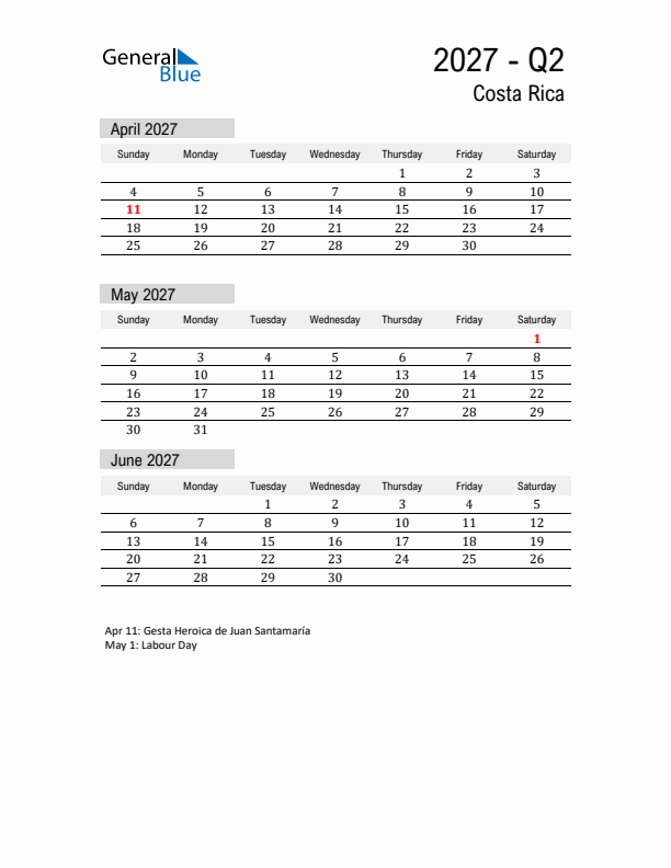 Costa Rica Quarter 2 2027 Calendar with Holidays