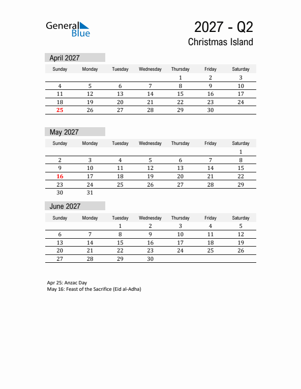 Christmas Island Quarter 2 2027 Calendar with Holidays