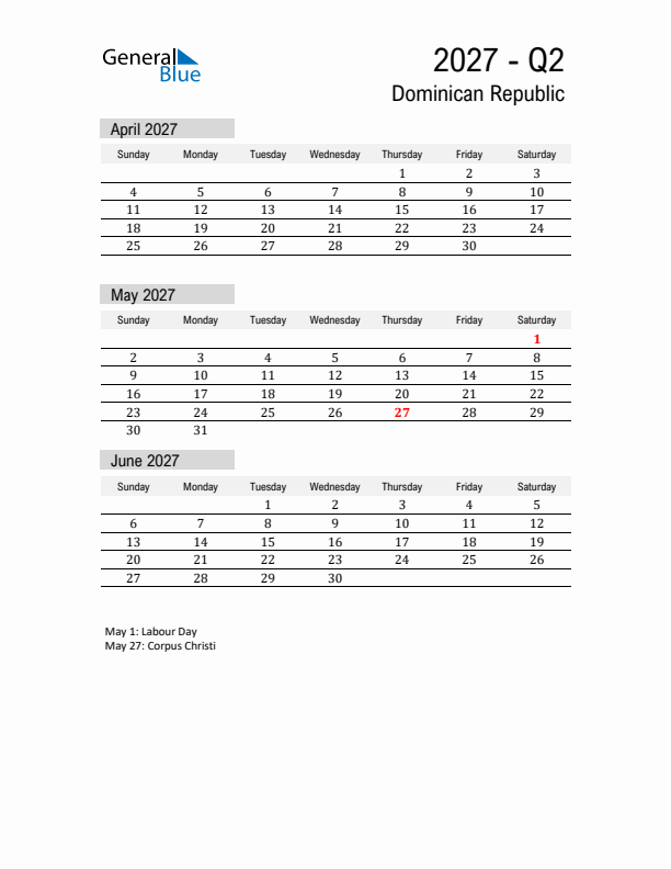 Dominican Republic Quarter 2 2027 Calendar with Holidays