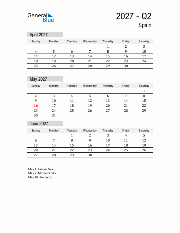 Spain Quarter 2 2027 Calendar with Holidays