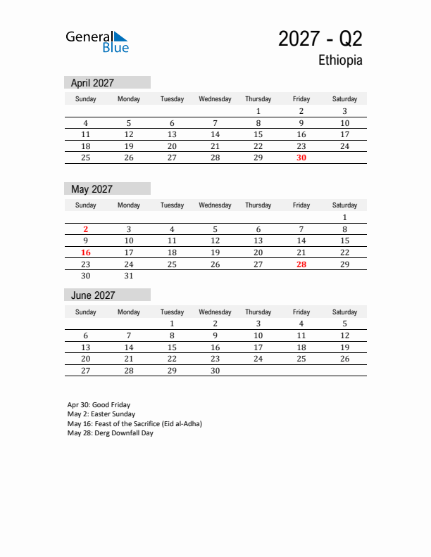 Ethiopia Quarter 2 2027 Calendar with Holidays