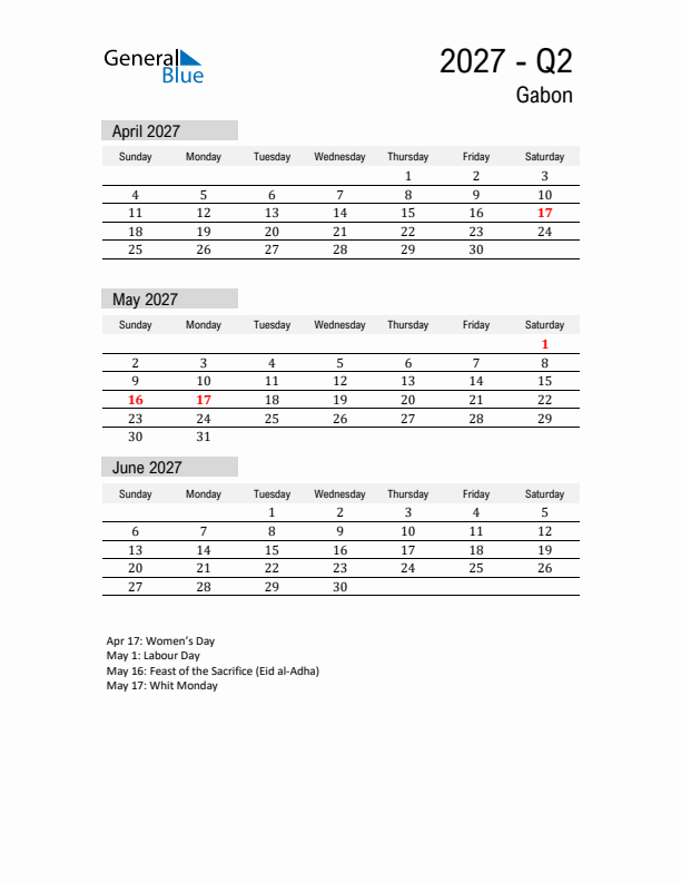 Gabon Quarter 2 2027 Calendar with Holidays