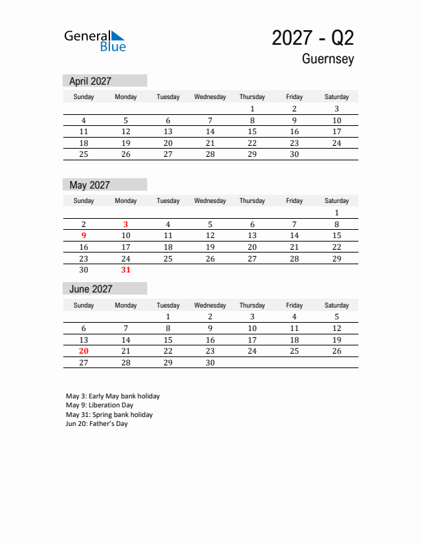 Guernsey Quarter 2 2027 Calendar with Holidays