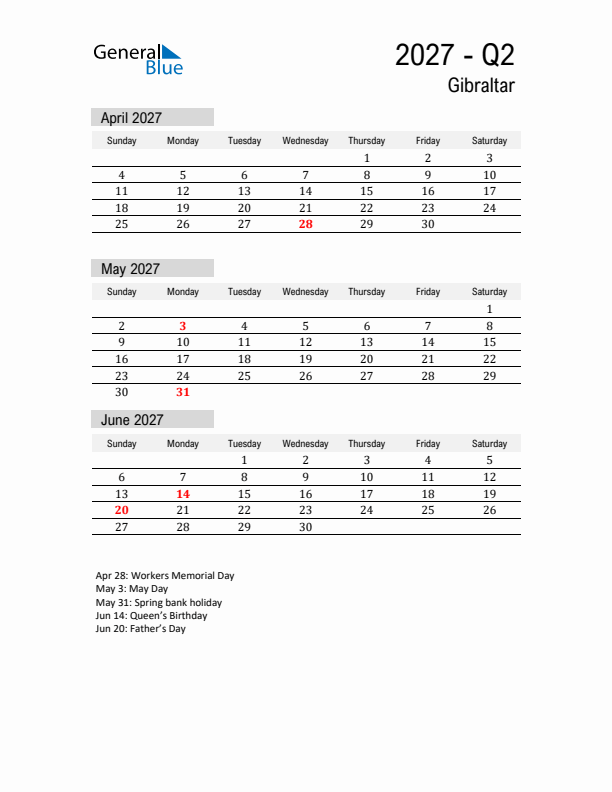 Gibraltar Quarter 2 2027 Calendar with Holidays