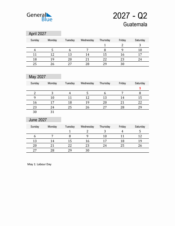 Guatemala Quarter 2 2027 Calendar with Holidays