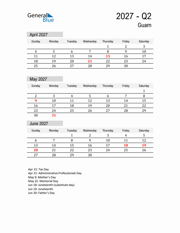 Guam Quarter 2 2027 Calendar with Holidays