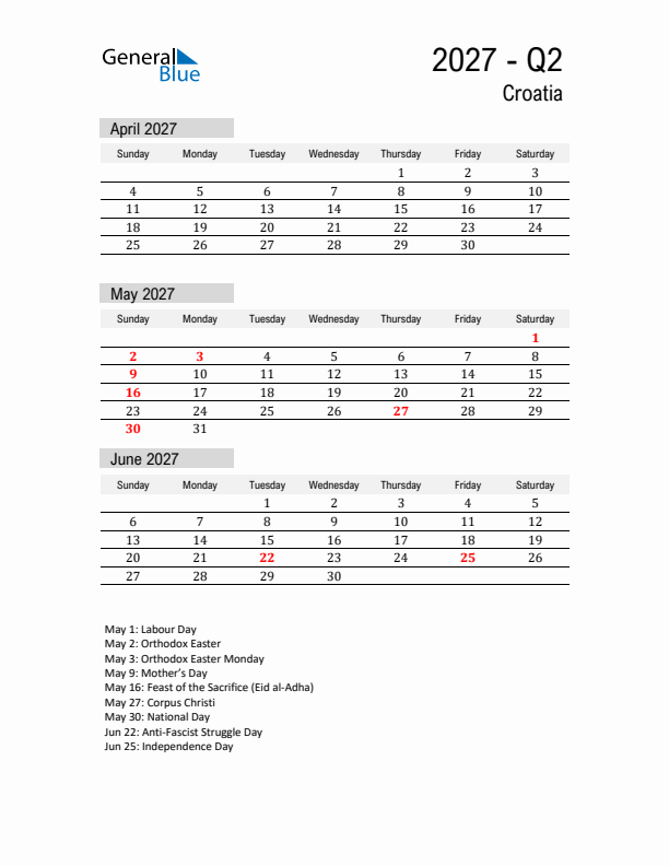 Croatia Quarter 2 2027 Calendar with Holidays