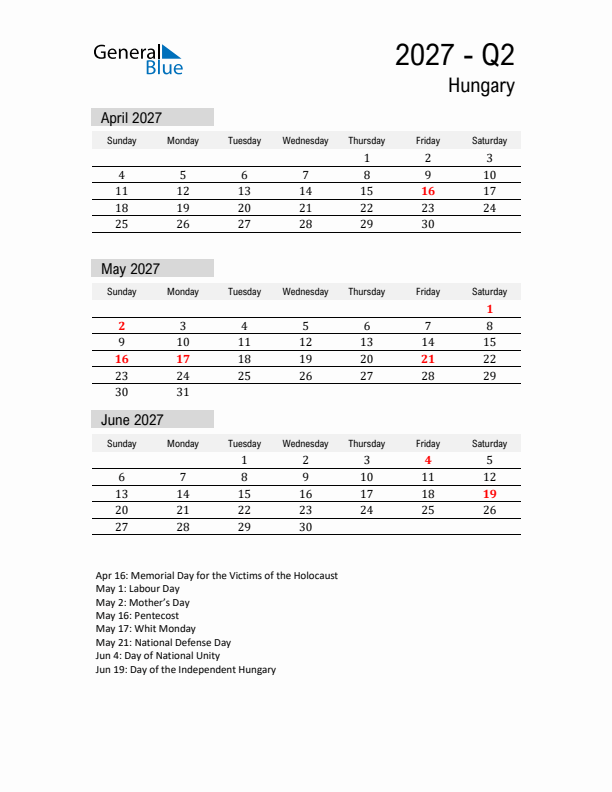 Hungary Quarter 2 2027 Calendar with Holidays