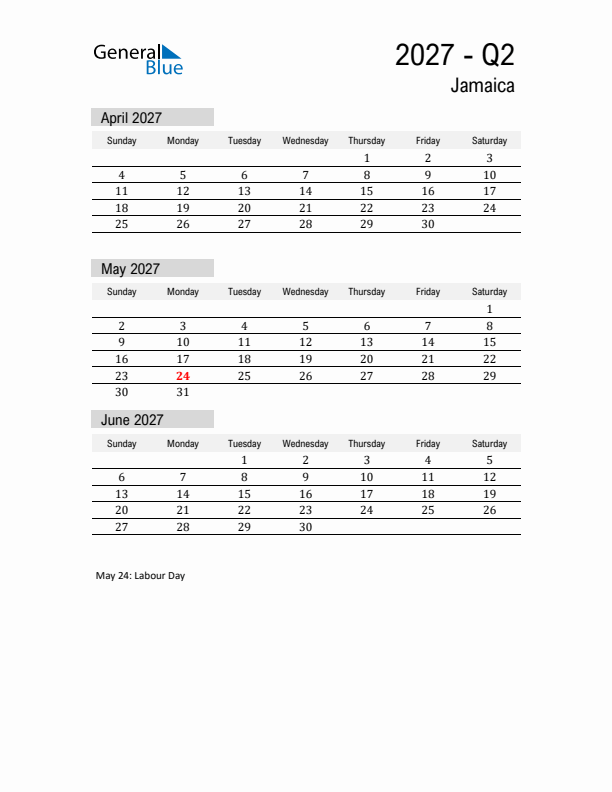 Jamaica Quarter 2 2027 Calendar with Holidays