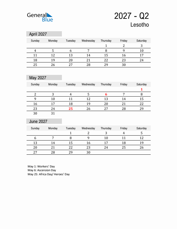 Lesotho Quarter 2 2027 Calendar with Holidays