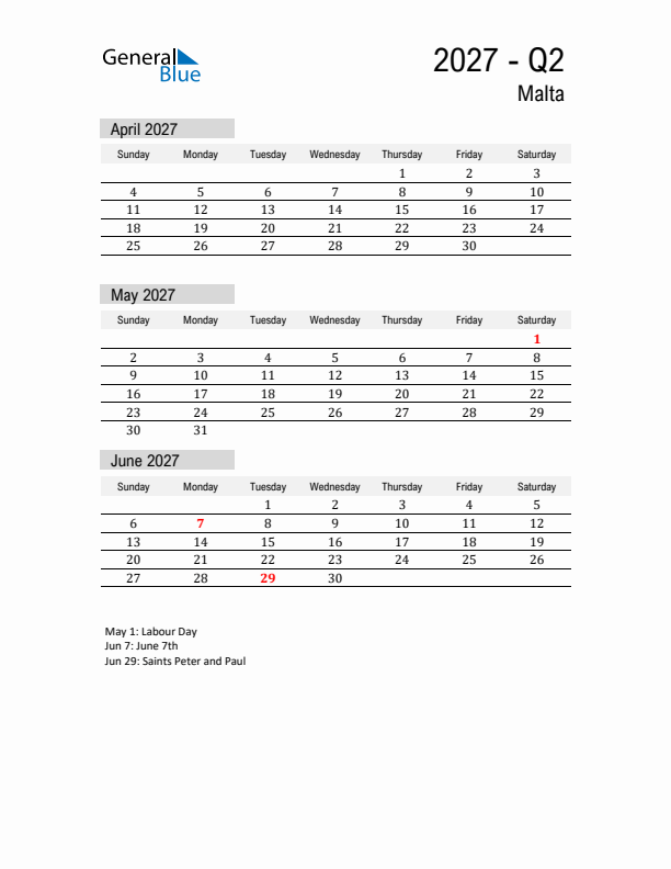 Malta Quarter 2 2027 Calendar with Holidays