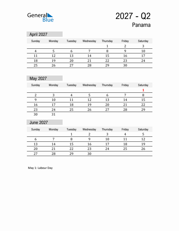 Panama Quarter 2 2027 Calendar with Holidays