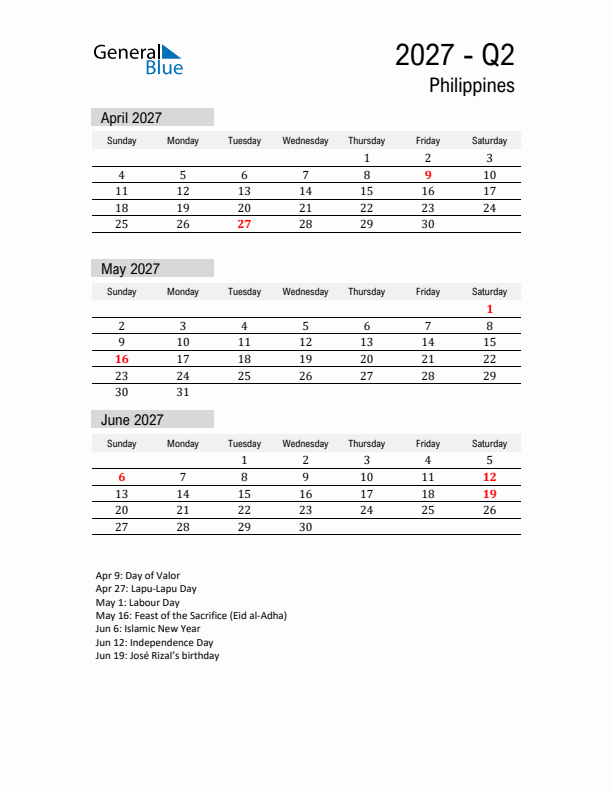 Philippines Quarter 2 2027 Calendar with Holidays