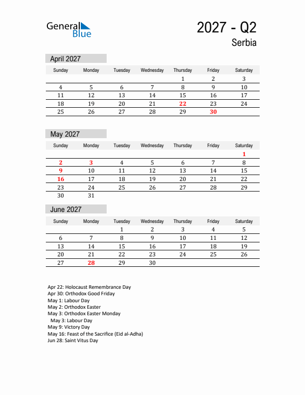 Serbia Quarter 2 2027 Calendar with Holidays