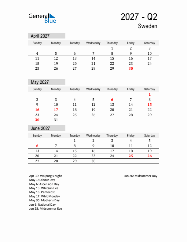 Sweden Quarter 2 2027 Calendar with Holidays