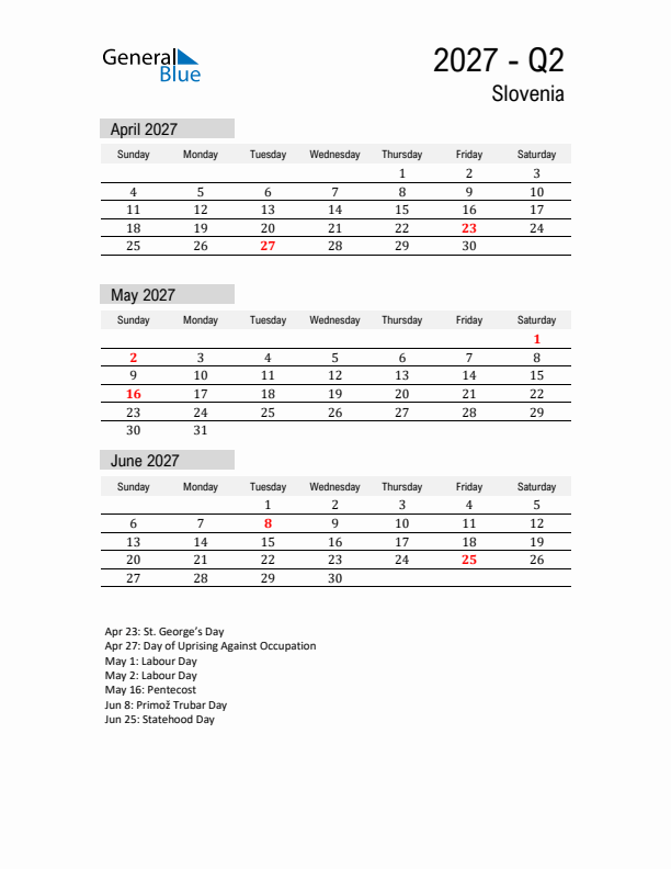 Slovenia Quarter 2 2027 Calendar with Holidays