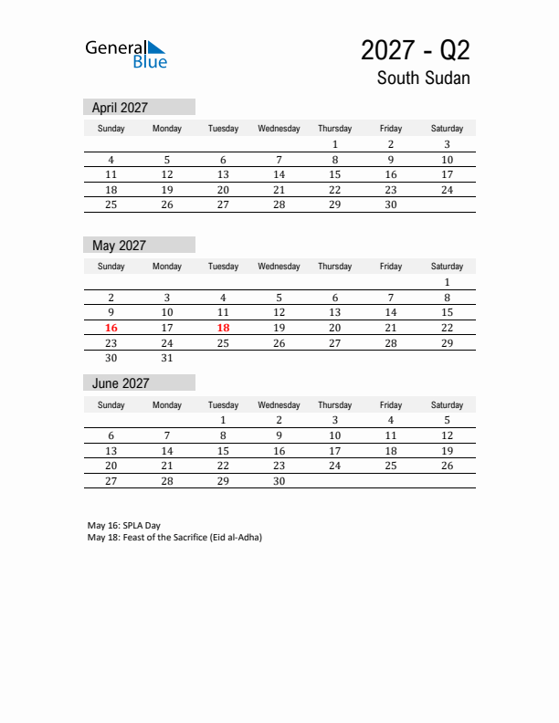 South Sudan Quarter 2 2027 Calendar with Holidays