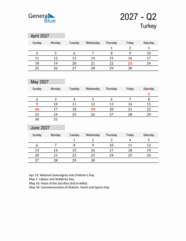 Turkey Quarter 2 2027 Calendar with Holidays