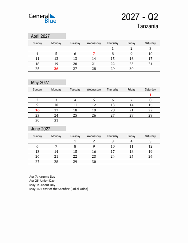 Tanzania Quarter 2 2027 Calendar with Holidays