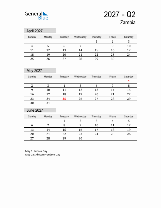 Zambia Quarter 2 2027 Calendar with Holidays