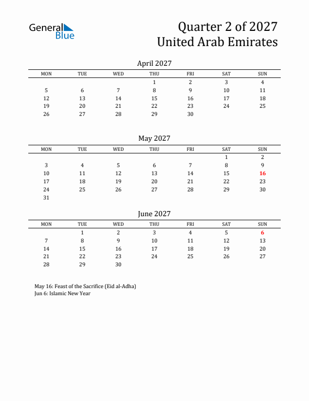 Quarter 2 2027 United Arab Emirates Quarterly Calendar