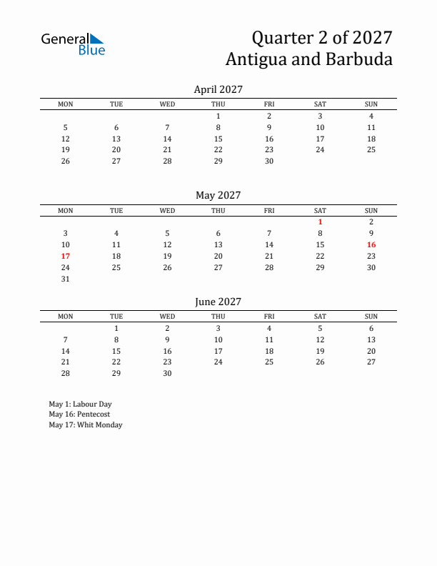 Quarter 2 2027 Antigua and Barbuda Quarterly Calendar