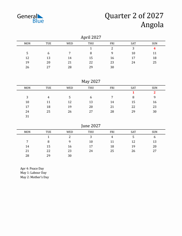 Quarter 2 2027 Angola Quarterly Calendar