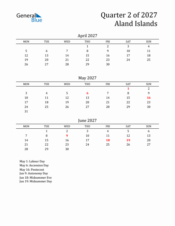 Quarter 2 2027 Aland Islands Quarterly Calendar