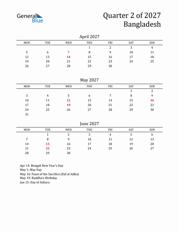 Quarter 2 2027 Bangladesh Quarterly Calendar