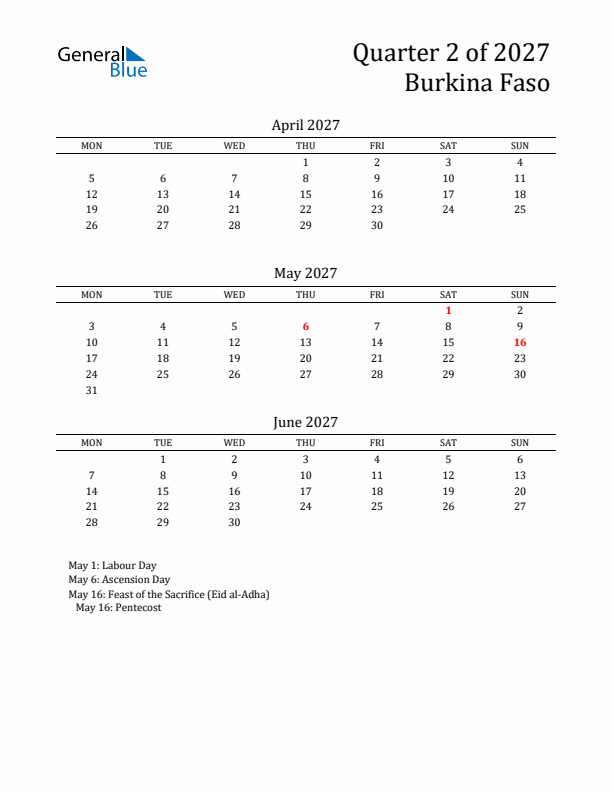 Quarter 2 2027 Burkina Faso Quarterly Calendar