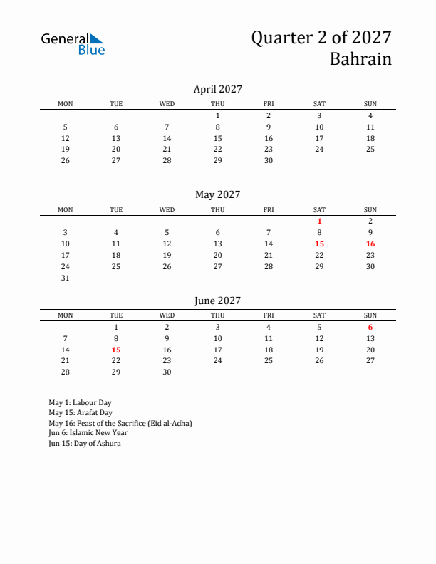 Quarter 2 2027 Bahrain Quarterly Calendar