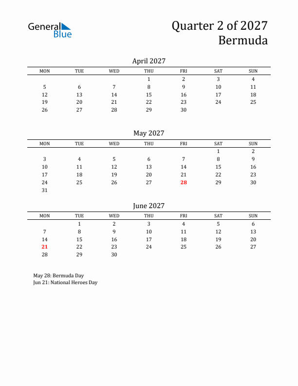 Quarter 2 2027 Bermuda Quarterly Calendar