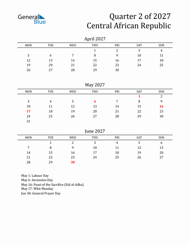 Quarter 2 2027 Central African Republic Quarterly Calendar