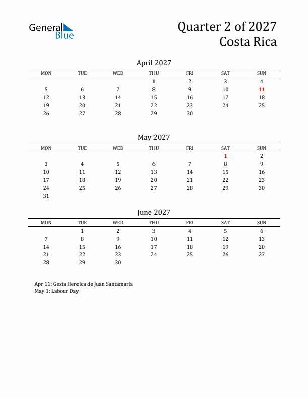 Quarter 2 2027 Costa Rica Quarterly Calendar