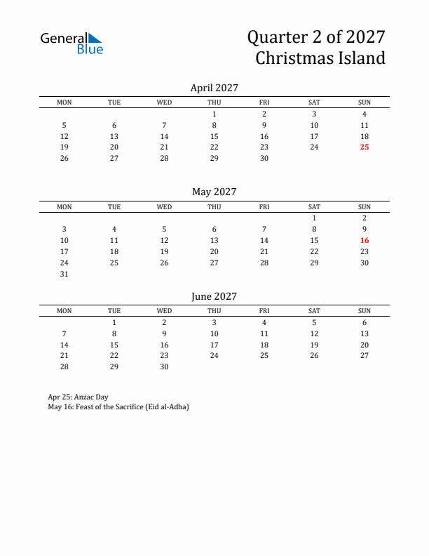 Quarter 2 2027 Christmas Island Quarterly Calendar