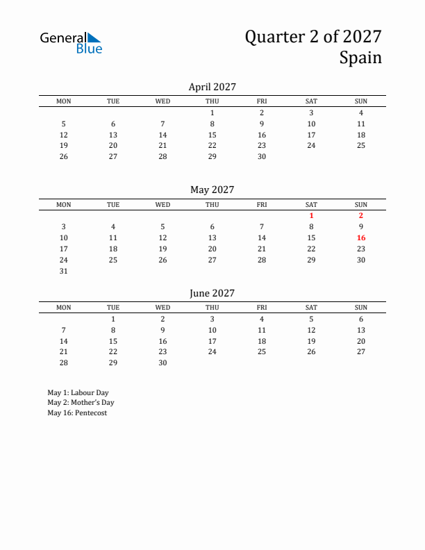 Quarter 2 2027 Spain Quarterly Calendar