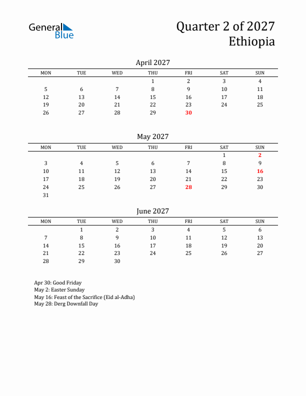 Quarter 2 2027 Ethiopia Quarterly Calendar