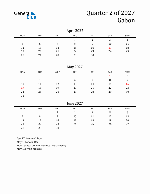 Quarter 2 2027 Gabon Quarterly Calendar