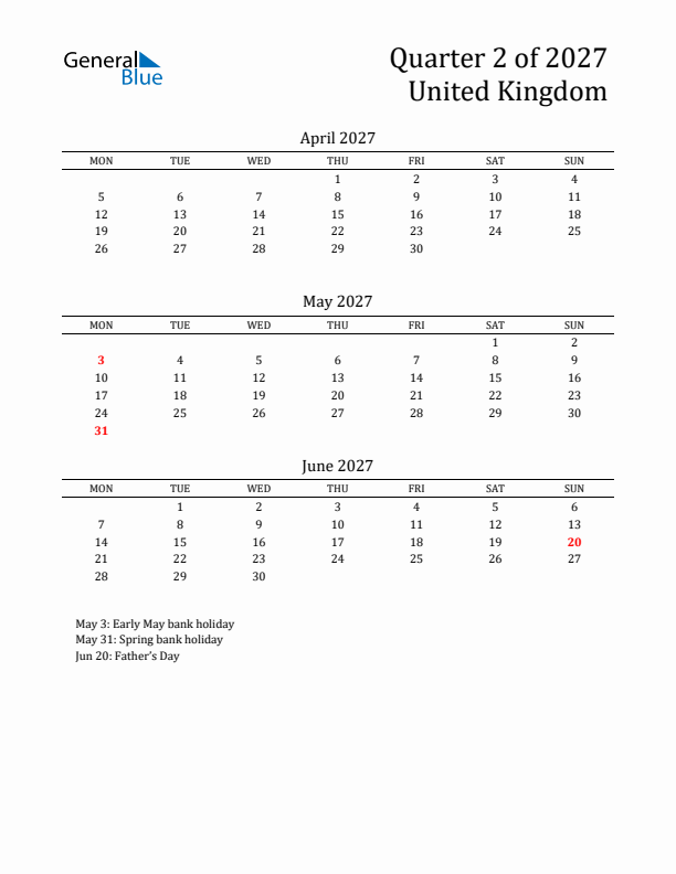 Quarter 2 2027 United Kingdom Quarterly Calendar