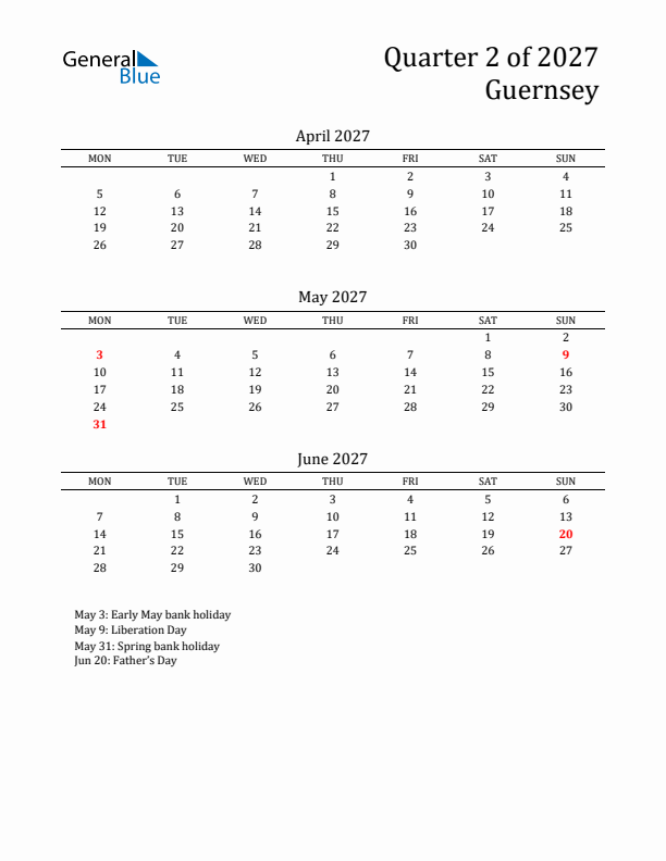 Quarter 2 2027 Guernsey Quarterly Calendar