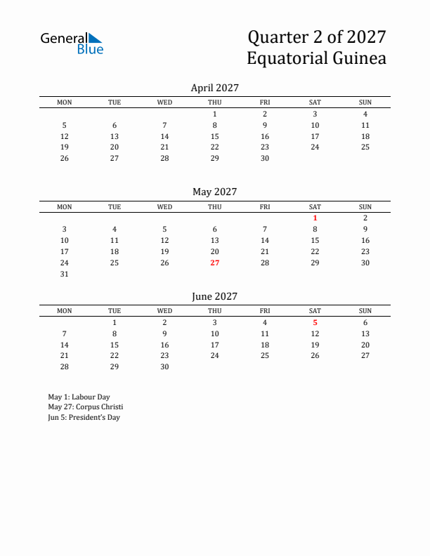 Quarter 2 2027 Equatorial Guinea Quarterly Calendar