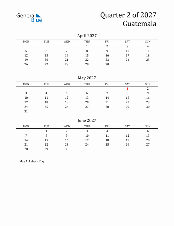 Quarter 2 2027 Guatemala Quarterly Calendar