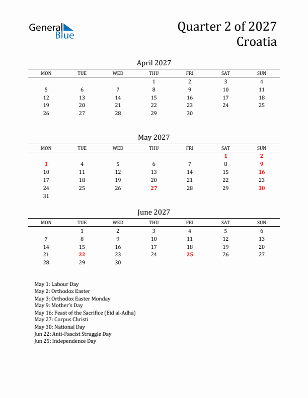 Quarter 2 2027 Croatia Quarterly Calendar