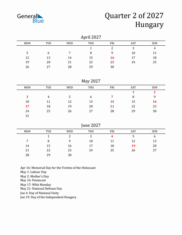 Quarter 2 2027 Hungary Quarterly Calendar