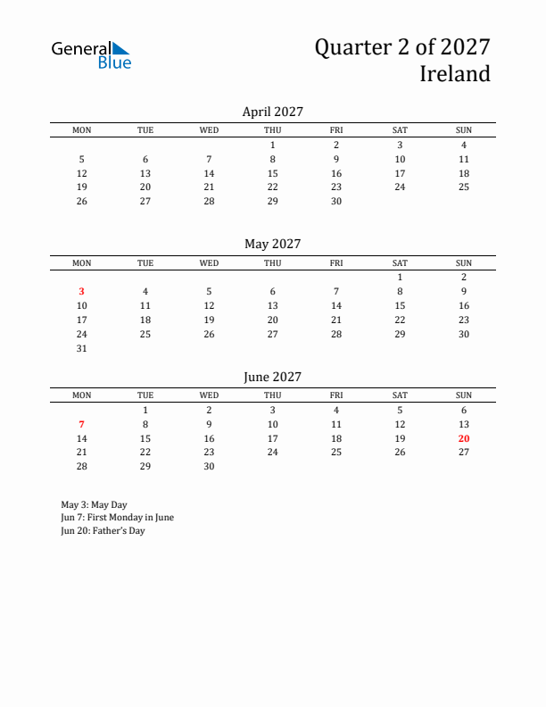 Quarter 2 2027 Ireland Quarterly Calendar