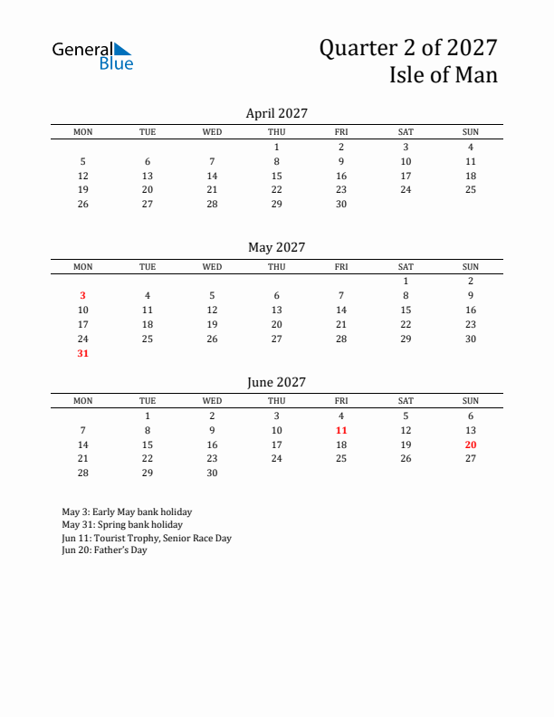 Quarter 2 2027 Isle of Man Quarterly Calendar